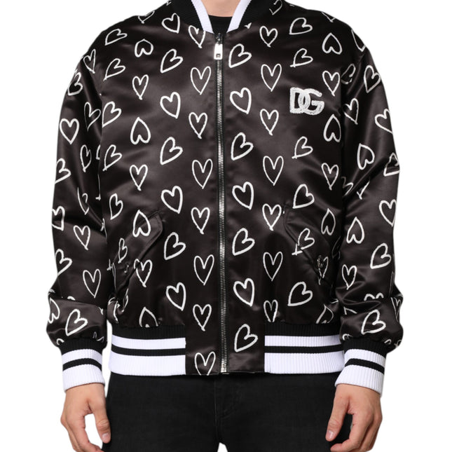 Dolce & Gabbana Black Polyester Heart Print Bomber Jacket