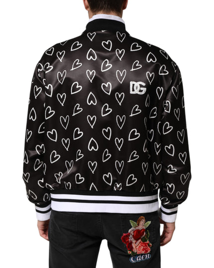 Dolce & Gabbana Black Polyester Heart Print Bomber Jacket