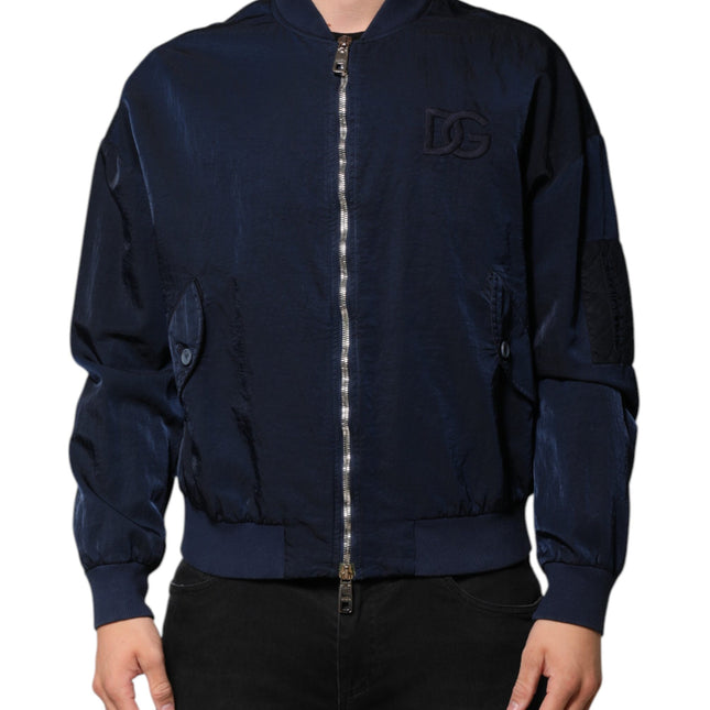 Dolce & Gabbana Blue Nylon DG Embroidery Men Bomber Jacket