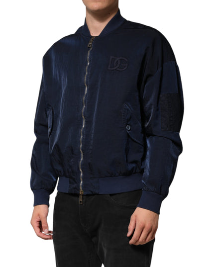 Dolce & Gabbana Blue Nylon DG Embroidery Men Bomber Jacket