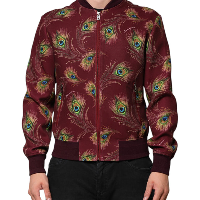 Dolce & Gabbana Maroon Peacock Feather Print Bomber Jacket