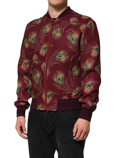 Dolce & Gabbana Maroon Peacock Feather Print Bomber Jacket