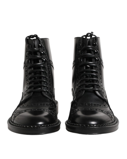 Dolce & Gabbana Black Leather Lace Up Mid Calf Boots Shoes