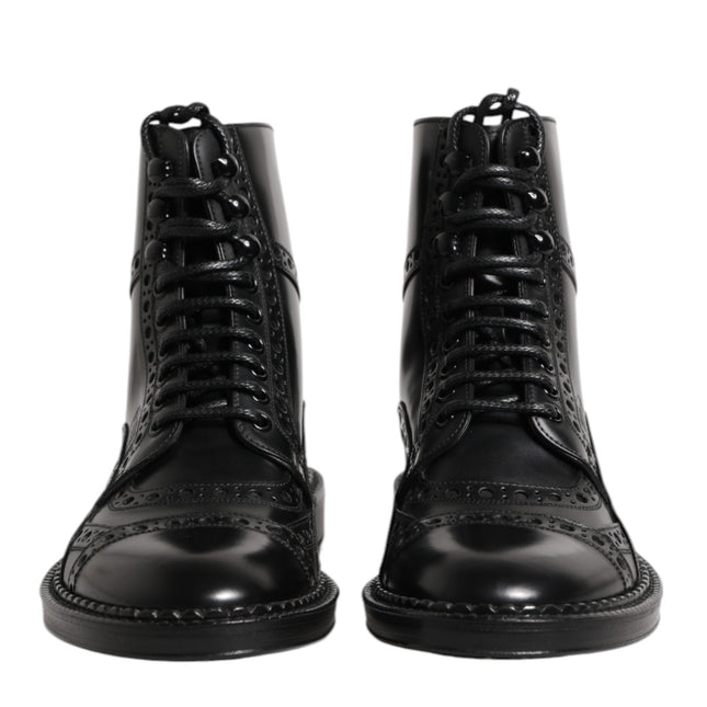 Dolce & Gabbana Black Leather Lace Up Mid Calf Boots Shoes