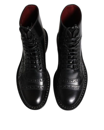 Dolce & Gabbana Black Leather Lace Up Mid Calf Boots Shoes