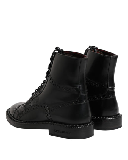 Dolce & Gabbana Black Leather Lace Up Mid Calf Boots Shoes