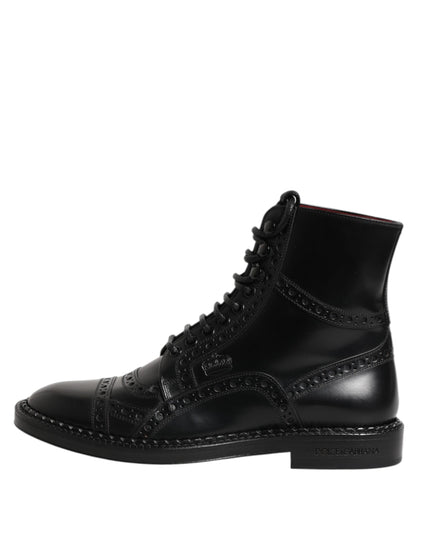 Dolce & Gabbana Black Leather Lace Up Mid Calf Boots Shoes