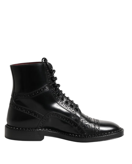 Dolce & Gabbana Black Leather Lace Up Mid Calf Boots Shoes