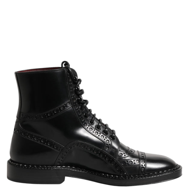 Dolce & Gabbana Black Leather Lace Up Mid Calf Boots Shoes