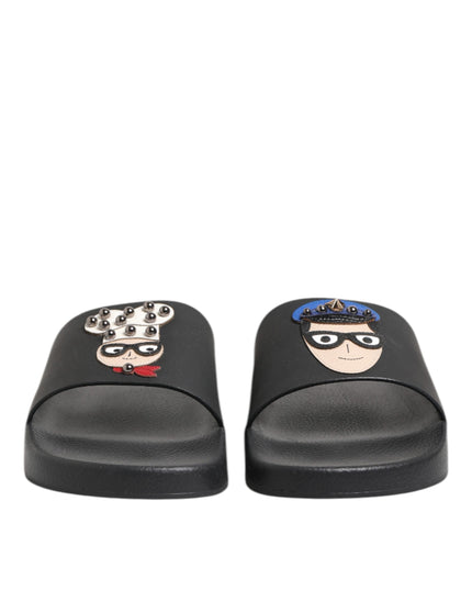 Dolce & Gabbana Black Leather Slides Flats Beachwear Shoes