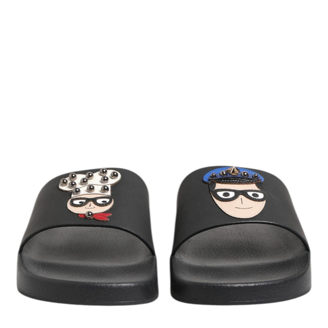 Dolce & Gabbana Black Leather Slides Flats Beachwear Shoes