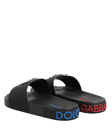Dolce & Gabbana Black Leather Slides Flats Beachwear Shoes