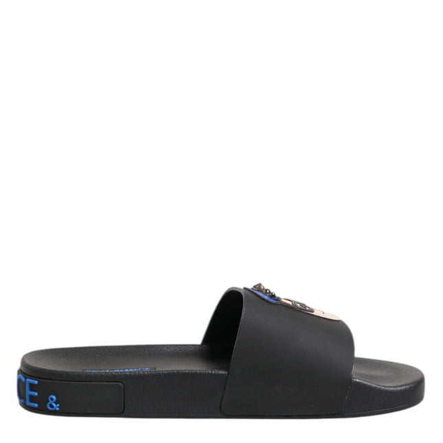 Dolce & Gabbana Black Leather Slides Flats Beachwear Shoes