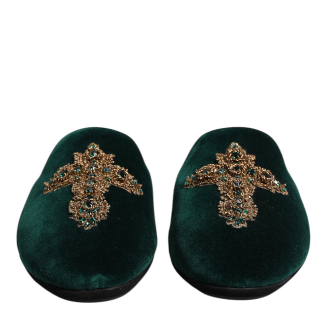Dolce & Gabbana Green Velvet Cross Embellished Slippers Shoes