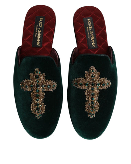 Dolce & Gabbana Green Velvet Cross Embellished Slippers Shoes