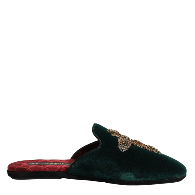 Dolce & Gabbana Green Velvet Cross Embellished Slippers Shoes