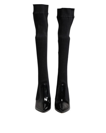Dolce & Gabbana Black Leather Ribbed Knit Knee Boots Shoes
