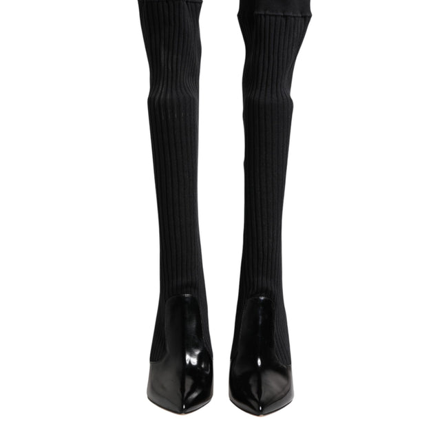 Dolce & Gabbana Black Leather Ribbed Knit Knee Boots Shoes