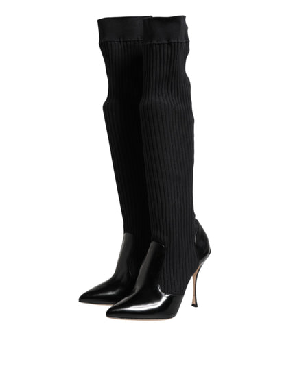Dolce & Gabbana Black Leather Ribbed Knit Knee Boots Shoes