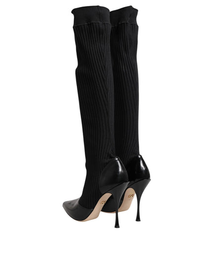 Dolce & Gabbana Black Leather Ribbed Knit Knee Boots Shoes