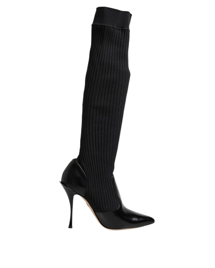 Dolce & Gabbana Black Leather Ribbed Knit Knee Boots Shoes