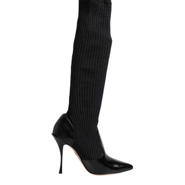 Dolce & Gabbana Black Leather Ribbed Knit Knee Boots Shoes