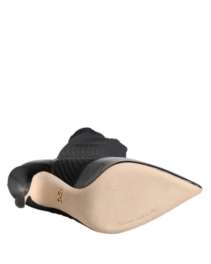 Dolce & Gabbana Black Leather Ribbed Knit Knee Boots Shoes