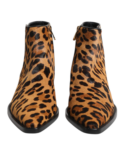 Dolce & Gabbana Brown Leopard Calf Fur Ankle Boots Shoes
