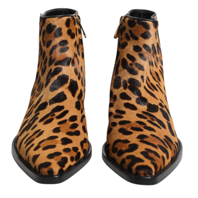 Dolce & Gabbana Brown Leopard Calf Fur Ankle Boots Shoes
