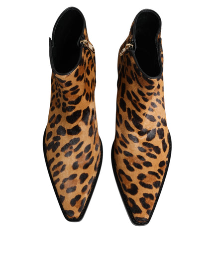 Dolce & Gabbana Brown Leopard Calf Fur Ankle Boots Shoes