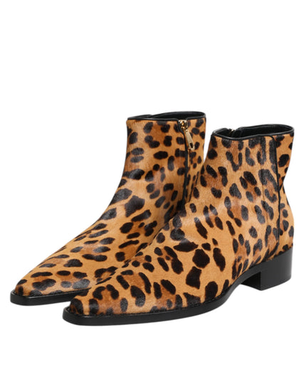 Dolce & Gabbana Brown Leopard Calf Fur Ankle Boots Shoes