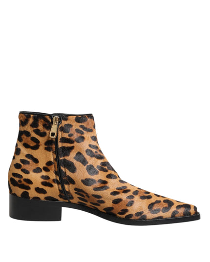Dolce & Gabbana Brown Leopard Calf Fur Ankle Boots Shoes