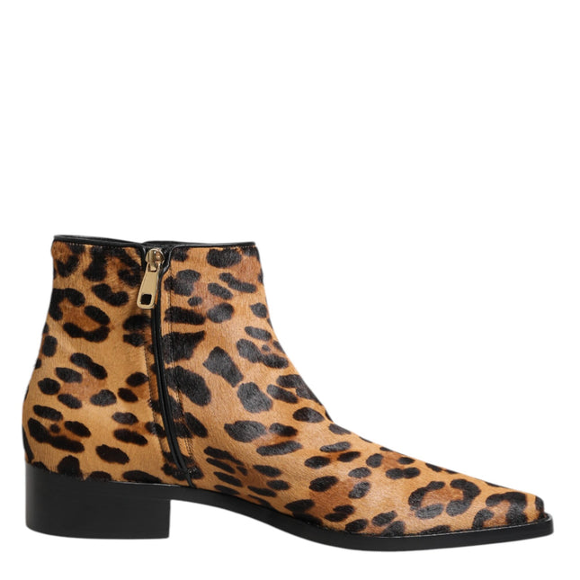 Dolce & Gabbana Brown Leopard Calf Fur Ankle Boots Shoes