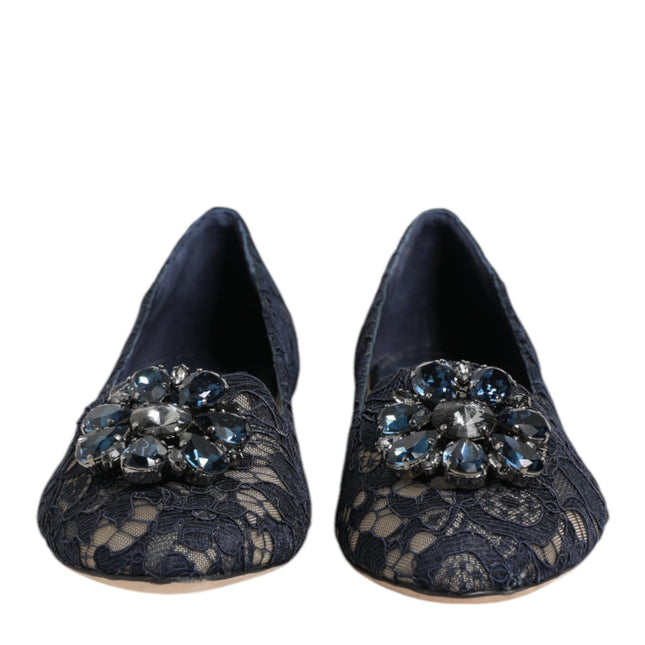 Dolce & Gabbana Blue Taormina Lace Crystals Flats Shoes