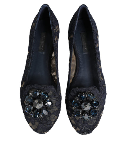 Dolce & Gabbana Blue Taormina Lace Crystals Flats Shoes