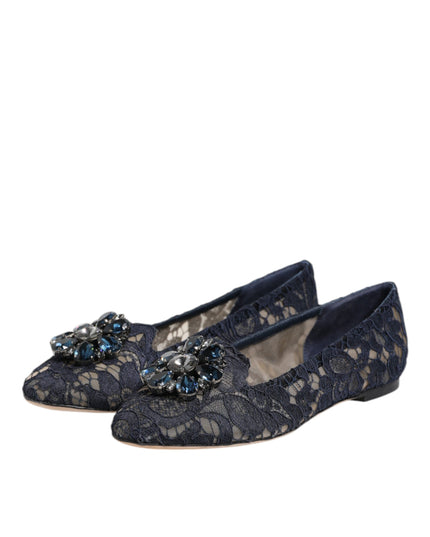 Dolce & Gabbana Blue Taormina Lace Crystals Flats Shoes