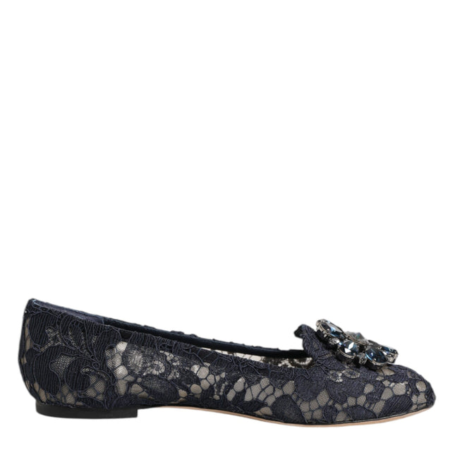 Dolce & Gabbana Blue Taormina Lace Crystals Flats Shoes
