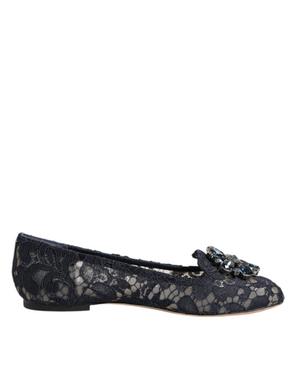 Dolce & Gabbana Blue Taormina Lace Crystals Flats Shoes