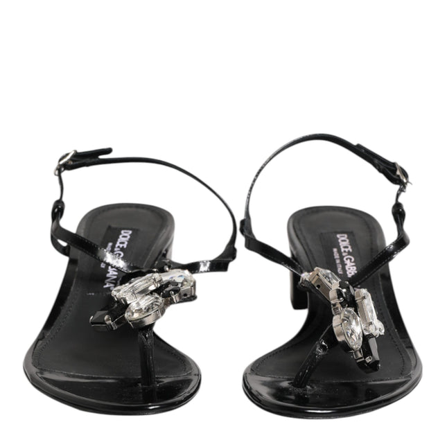 Dolce & Gabbana Black Leather Crystal Ankle Strap Sandals Shoes