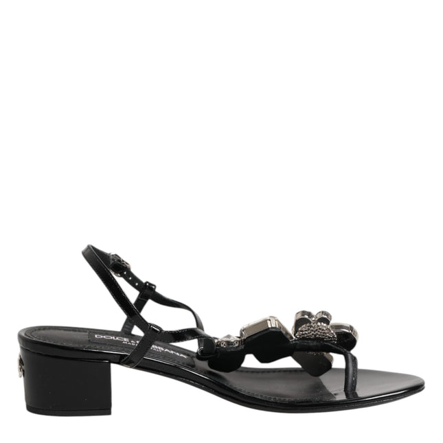 Dolce & Gabbana Black Leather Crystal Ankle Strap Sandals Shoes