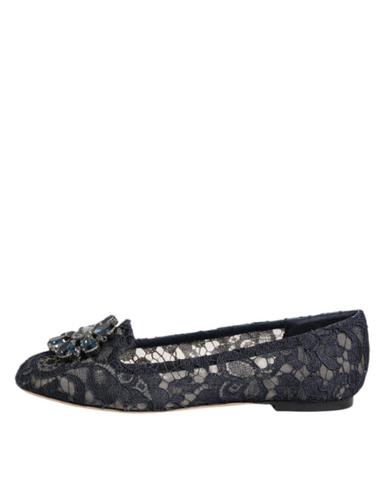 Dolce & Gabbana Blue Taormina Lace Crystals Flats Shoes