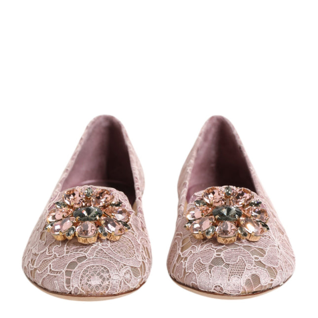 Dolce & Gabbana Pink Taormina Lace Crystals Flats Shoes