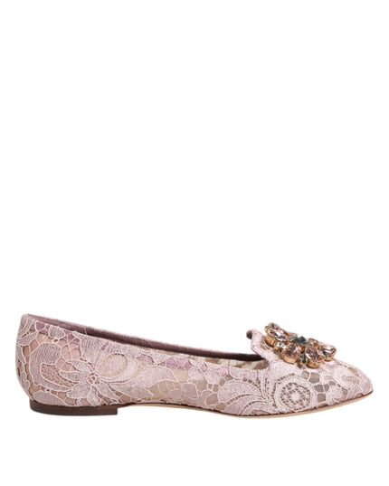 Dolce & Gabbana Pink Taormina Lace Crystals Flats Shoes