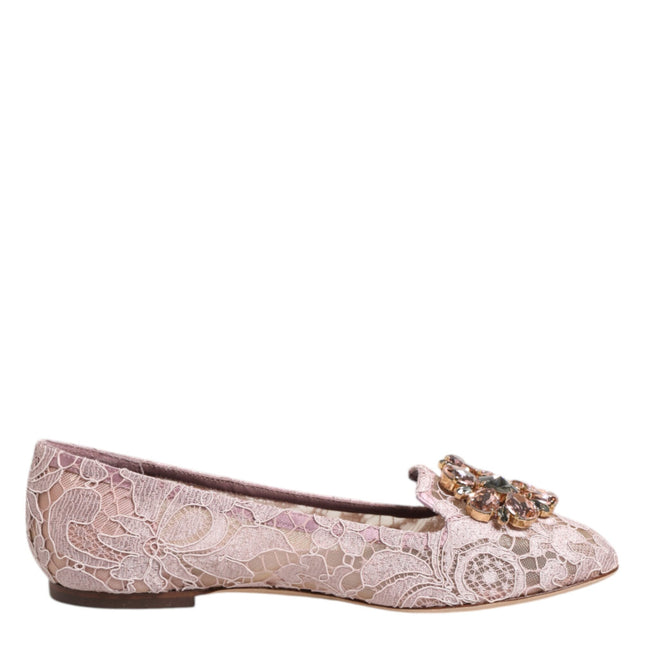Dolce & Gabbana Pink Taormina Lace Crystals Flats Shoes