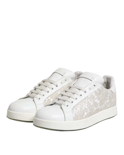 Dolce & Gabbana White Lace Leather Low Top Sneaker Shoes