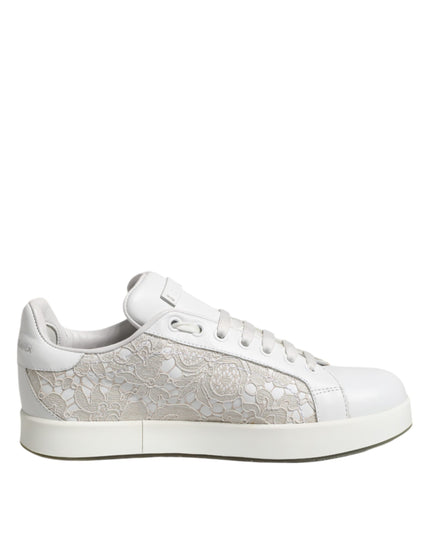 Dolce & Gabbana White Lace Leather Low Top Sneaker Shoes