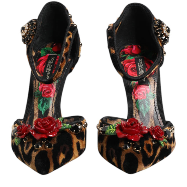 Dolce & Gabbana Brown Leopard Crystal Roses Pumps Shoes