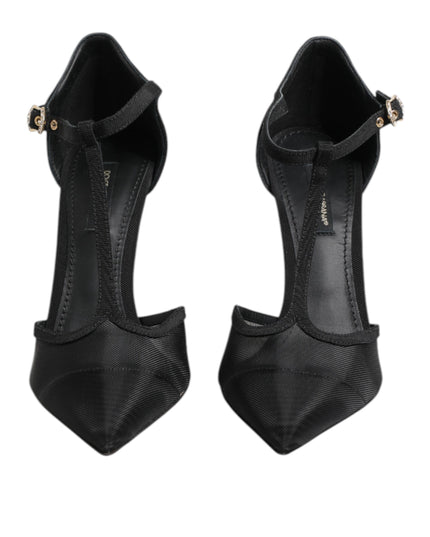 Dolce & Gabbana Black Mesh T-strap Stiletto High Heels Shoes