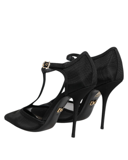Dolce & Gabbana Black Mesh T-strap Stiletto High Heels Shoes