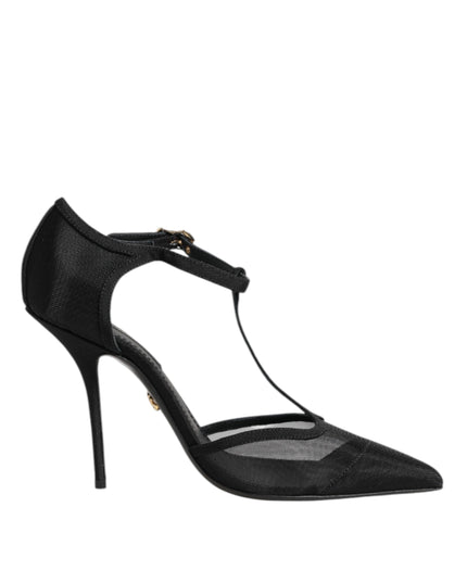 Dolce & Gabbana Black Mesh T-strap Stiletto High Heels Shoes